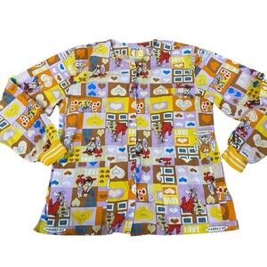 Marlin Flintstones Scrub Top Cartoon Print Brown Purple Medical Nurse Women’s M